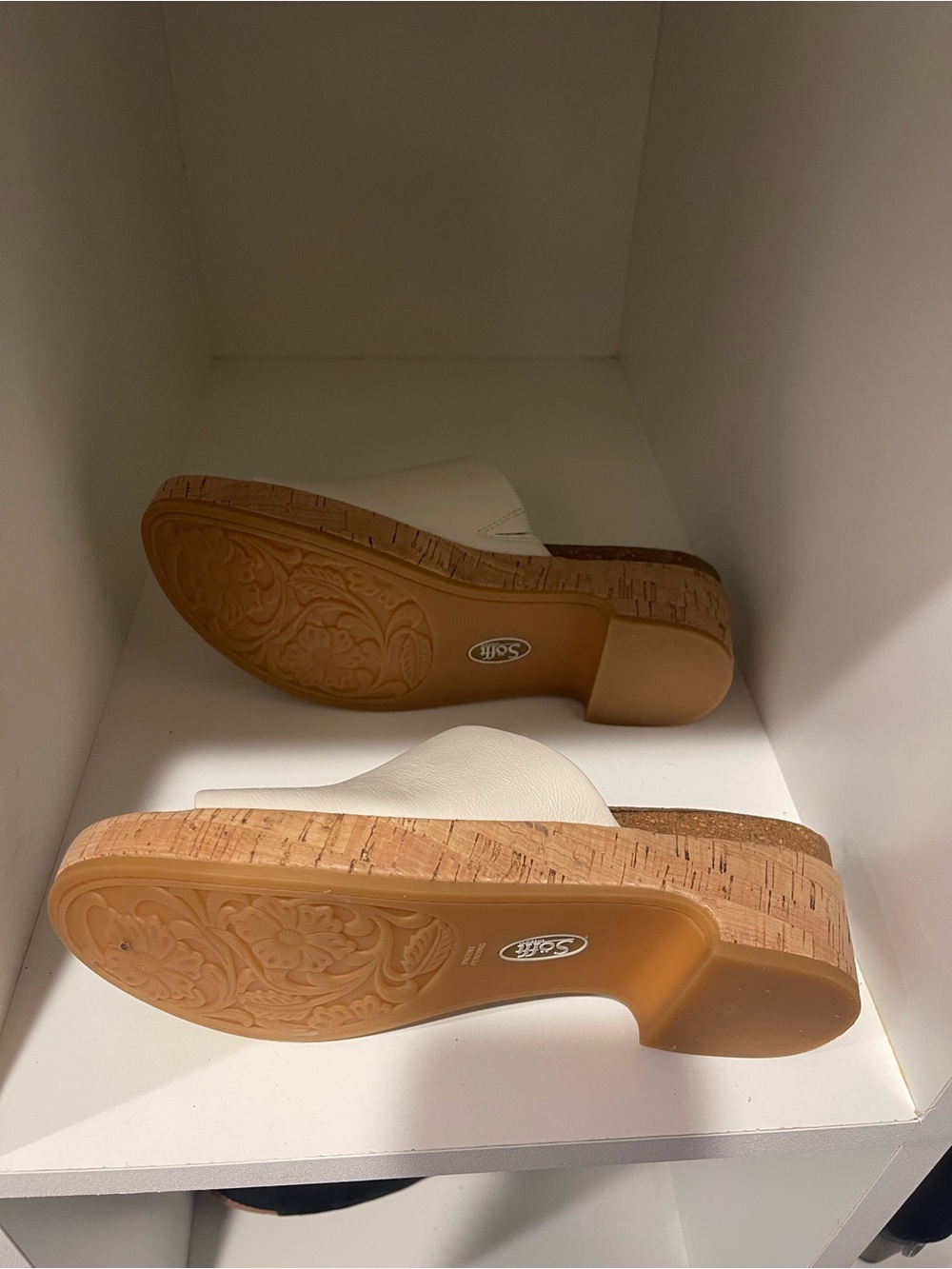 Sofft White Cork Wedge Mules